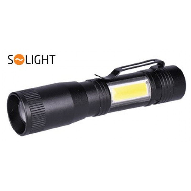 Solight LED metāla lukturītis 3W + COB, 150 + 60lm, AA, melns