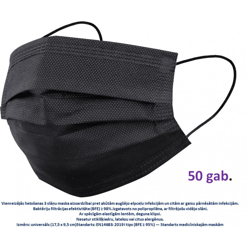 Vienreizējās lietošanas maskas 50gb ​​FACE MASK, 3 kārtas, melna