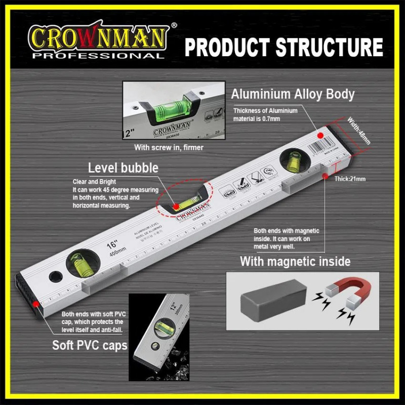 Līmeņrādis alumīnija ar magnētu 800mm PROFI CROWNMAN
