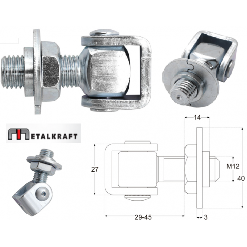 Regulējama ieskrūvējama eņģe ar M12 paplāksni MetalKraft